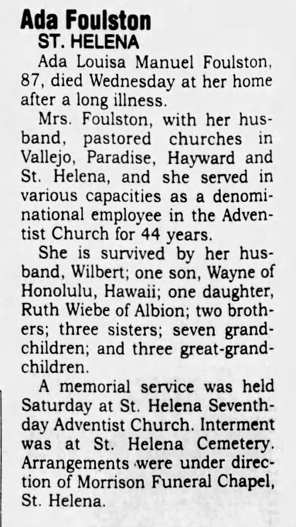 Obituary for Ada Louisa Manuel Foulston (Aged 87)